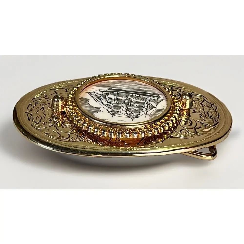 VTG Solid Brass Belt Buckle w/ Handcrafted Nautical Ship Scrimshaw Center NOS